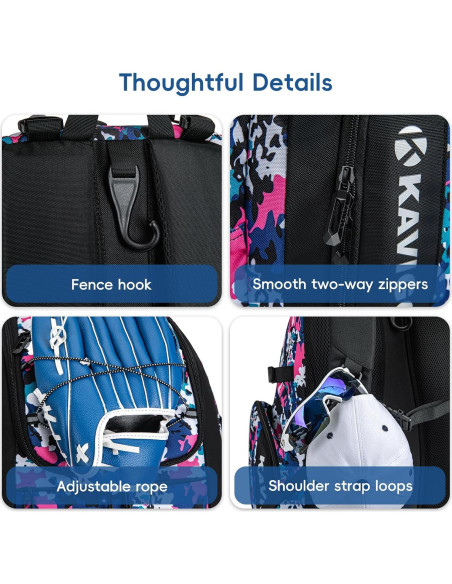 Bolsa de Béisbol KAVIGOR 50L para Jóvenes y Adultos Camo Rosa