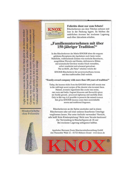 Conos de Incienso Pachulí Knox - 24 Piezas Alemanes