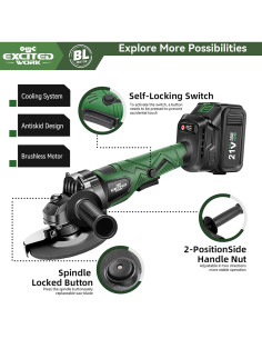 Amoladora Angular Inalámbrica Excited Work 21V 5" con 2 Baterías 2