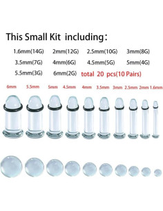 Kit de Estiramiento de Orejas de Vidrio 20PCS 1.6mm a 6mm Hipoalergénico 2