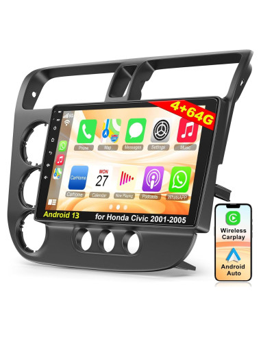Estéreo de Coche Android 13 Electrosmart para Honda Civic 2001-2005, 4GB RAM, 64GB ROM, Pantalla Táctil 9"