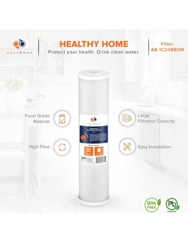 Cartucho de Filtro de Carbón Activado Aquaboon 20" x 4.5" - 5 Micrones - Paquete de 2