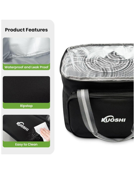 Bolsa de Almuerzo Aislada KUOSHI 14L Negra para Trabajo y Picnic