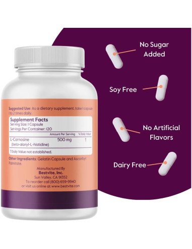 Suplemento L-Carnosina 500mg Bestvite 120 Cápsulas Sin Gluten