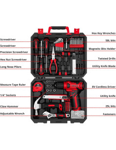 DEKOPRO Taladro Inalámbrico 8V Rojo Kit de 126 Piezas 2