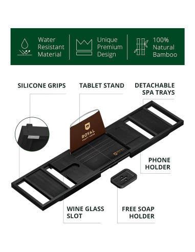 Bandeja de Baño Plegable Royal Craft Wood de Bambú Negro