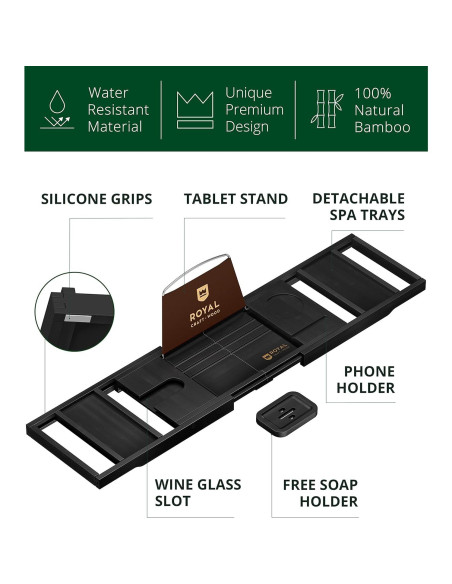 Bandeja de Baño Plegable Royal Craft Wood de Bambú Negro