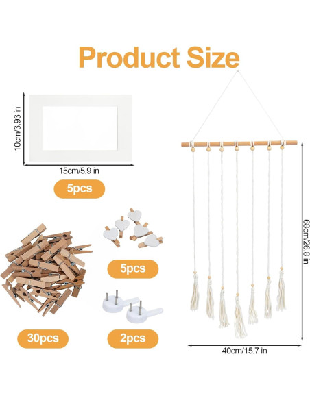 Exhibición de Fotos Colgante DIBALIYI 68x40 cm Boho 35 Clips