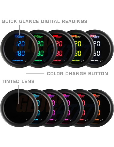 Medidor de Temperatura Dual Digital GlowShift 52mm 10 Colores