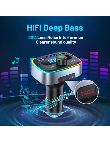 Adaptador Bluetooth 5.4 para Coche HUNDRUP 60W Carga Rápida