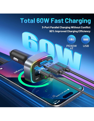 Adaptador Bluetooth 5.4 para Coche HUNDRUP 60W Carga Rápida