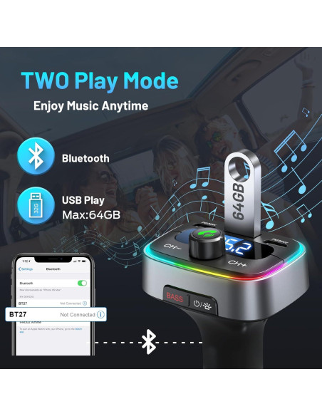 Adaptador Bluetooth 5.4 para Coche HUNDRUP 60W Carga Rápida