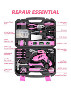 Juego de Herramientas Rosa 136 Piezas con Destornillador 3.6V 2