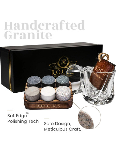 Juego de Piedras Enfriadoras de Whiskey R.O.C.K.S. - 6 Granito + 2 Copas