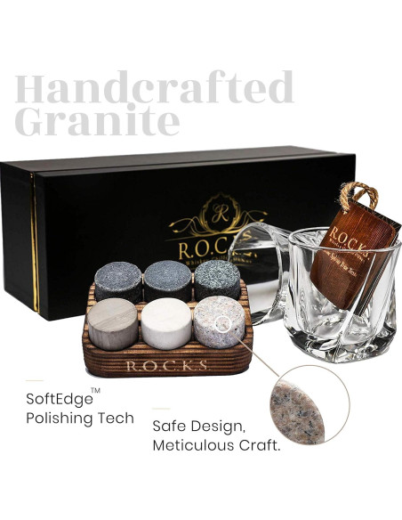 Juego de Piedras Enfriadoras de Whiskey R.O.C.K.S. - 6 Granito + 2 Copas
