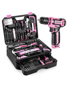 Juego de herramientas rosa DEKOPRO 238 piezas con taladro 12V