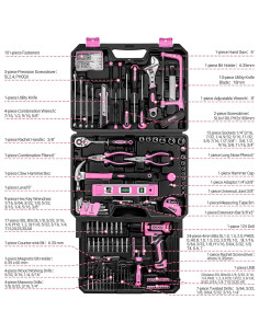 Juego de herramientas rosa DEKOPRO 238 piezas con taladro 12V 2