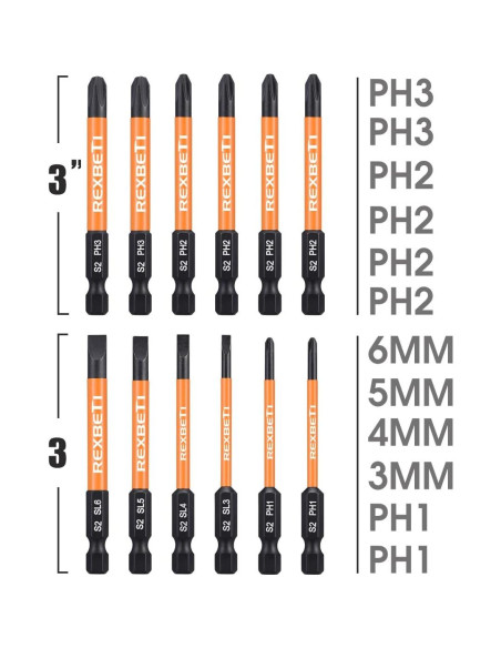 Juego de 12 Puntas Destornillador REXBETI S2 Hexagonal 7.62 cm