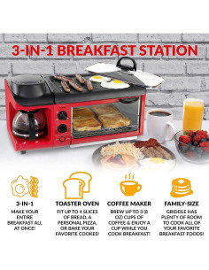 Estación de Desayuno Nostalgia 3-en-1 Rojo - Cafetera 6 Tazas, Plancha y Horno Tostador 2