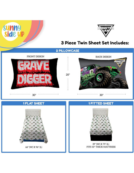 Conjunto de Sábanas Twin Sunny Side Up Monster Jam 3 Piezas