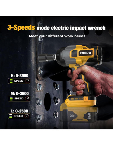 Llave de impacto 1/2" Etoolab 20V 750 pies-libras LED Amarillo