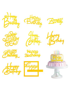 10 Adornos de Pastel de Cumpleaños Feliz Acrílico Dorado