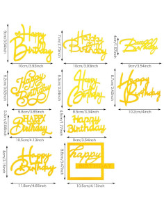 10 Adornos de Pastel de Cumpleaños Feliz Acrílico Dorado 2
