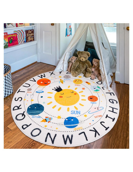 Alfombra Circular Educativa LTKOUGFAM 120cm Sistema Solar ABC