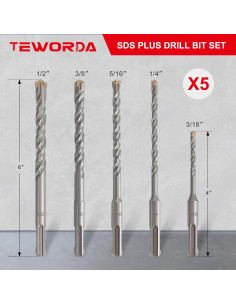 Juego de Brocas de Martillo Rotatorio TEWORDA 5 Piezas SDS Plus 2