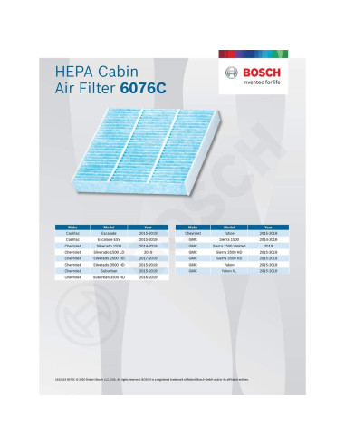 Filtro de Aire de Cabina HEPA Bosch 6076C - Compatible Cadillac, Chevrolet, GMC