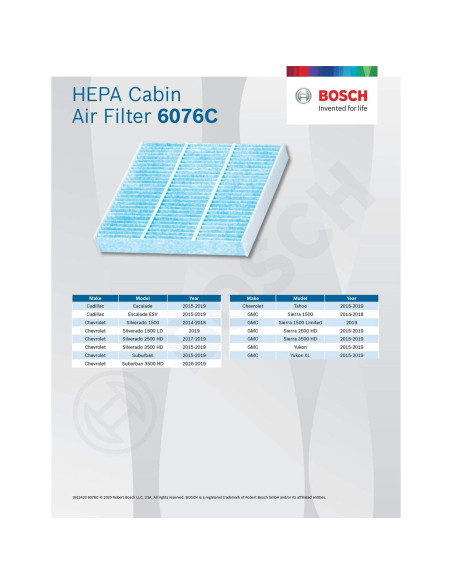 Filtro de Aire de Cabina HEPA Bosch 6076C - Compatible Cadillac, Chevrolet, GMC