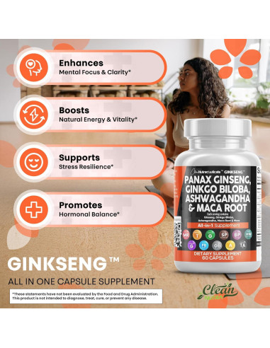 Suplemento Clean Nutraceuticals Ginseng y Ginkgo Biloba 60 Cápsulas