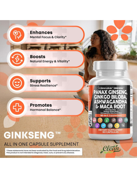 Suplemento Clean Nutraceuticals Ginseng y Ginkgo Biloba 60 Cápsulas