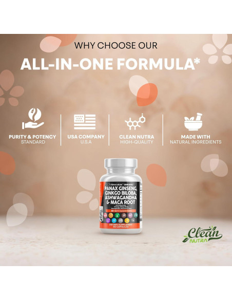 Suplemento Clean Nutraceuticals Ginseng y Ginkgo Biloba 60 Cápsulas