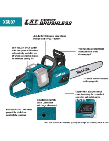 Motosierra Inalámbrica Makita XCU07Z 14" (35,56 cm) Sin Escobillas
