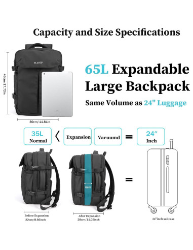 Mochila de Compresión al Vacío TLANGP 60L Impermeable Negra