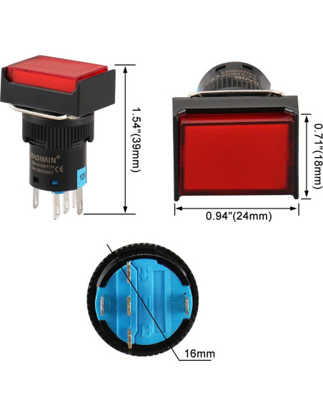 Interruptor Momentáneo Baomain 16mm Luz LED Roja DC 12V