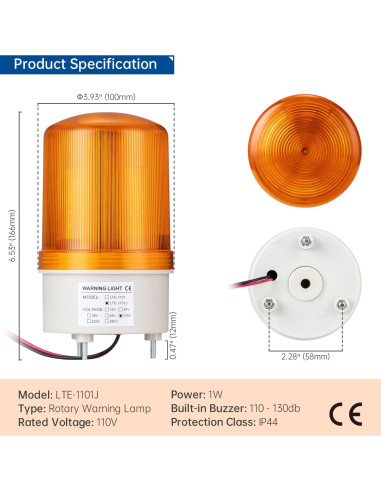 Lámpara de Alarma de Señal Industrial GKEEMARS LTE-1101J LED Amarillo