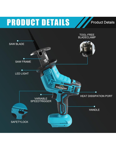 Sierra Recíproca Inalámbrica Zaygyize 0-3000 RPM para Madera/Metal