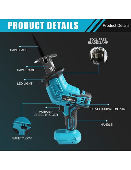 Sierra Recíproca Inalámbrica Zaygyize 0-3000 RPM para Madera/Metal
