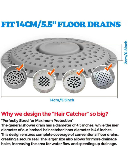 Receptor de Cabello para Drenaje de Ducha zaa, 2 Piezas, Gris
