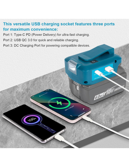 Adaptador de Batería USB ADP05 Makita 18V con Luz LED