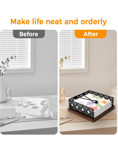 Soporte de Servilletas de Madera HALIAFANCY - Hierro Negro 20x20 cm