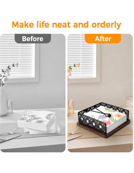 Soporte de Servilletas de Madera HALIAFANCY - Hierro Negro 20x20 cm