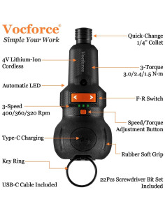 Destornillador Eléctrico 4V Vocforce, 400 RPM, Compacto, 22 Piezas 2