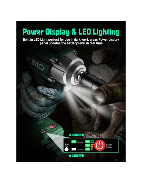 Llave de Impacto Inalámbrica KIMO 1/2" 550N.m 3000RPM Llave de Impacto Inalámbrica KIMO 1/2" 550N.m 3000RPM