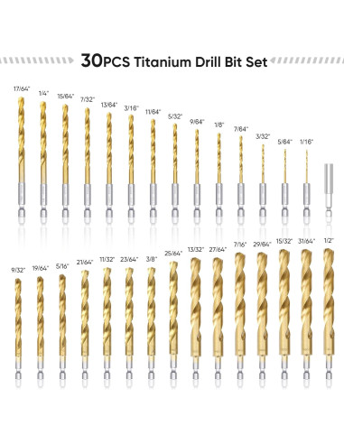 Juego de Brocas TICONN 30 Piezas Titanio HSS con Estuche