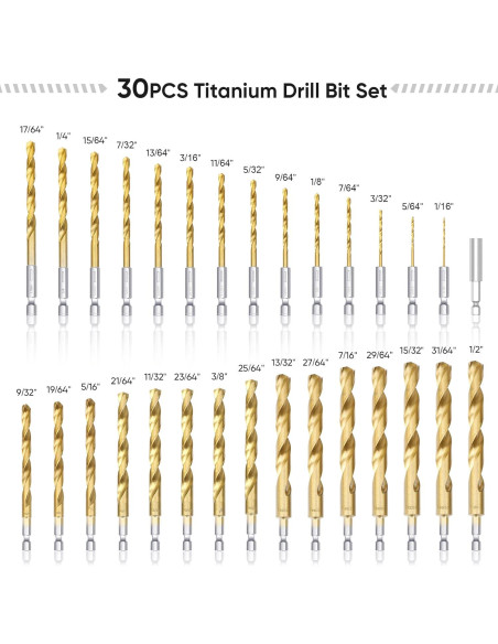 Juego de Brocas TICONN 30 Piezas Titanio HSS con Estuche