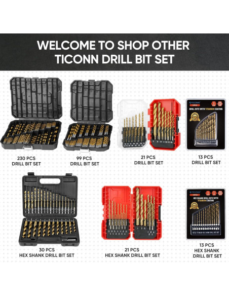 Juego de Brocas TICONN 30 Piezas Titanio HSS con Estuche