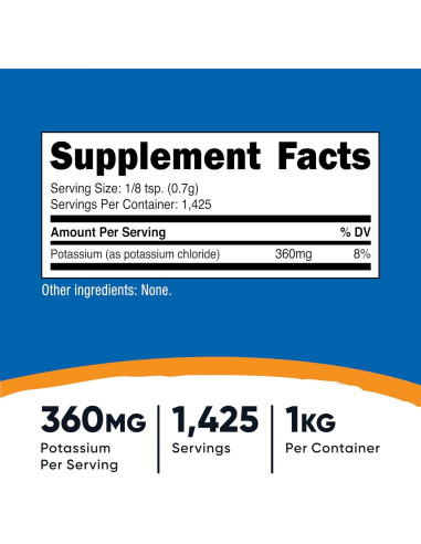 Cloruro de Potasio Nutricost 1kg - Sin Gluten, No OGM
